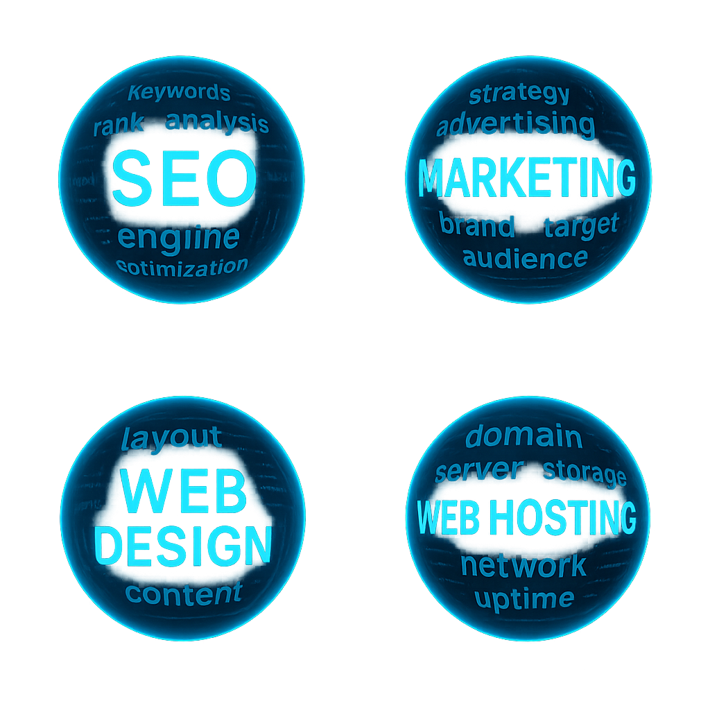 Four glowing futuristic spheres representing SEO, Marketing, Web Design, and Web Hosting, with related keywords inside each sphere.
