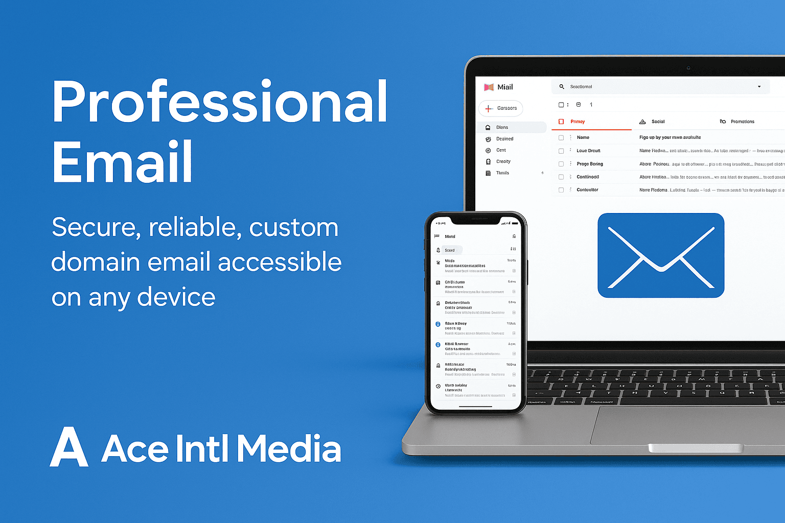 banner showing laptop and smartphone with email inbox for Ace Intl Media Professional Email service.