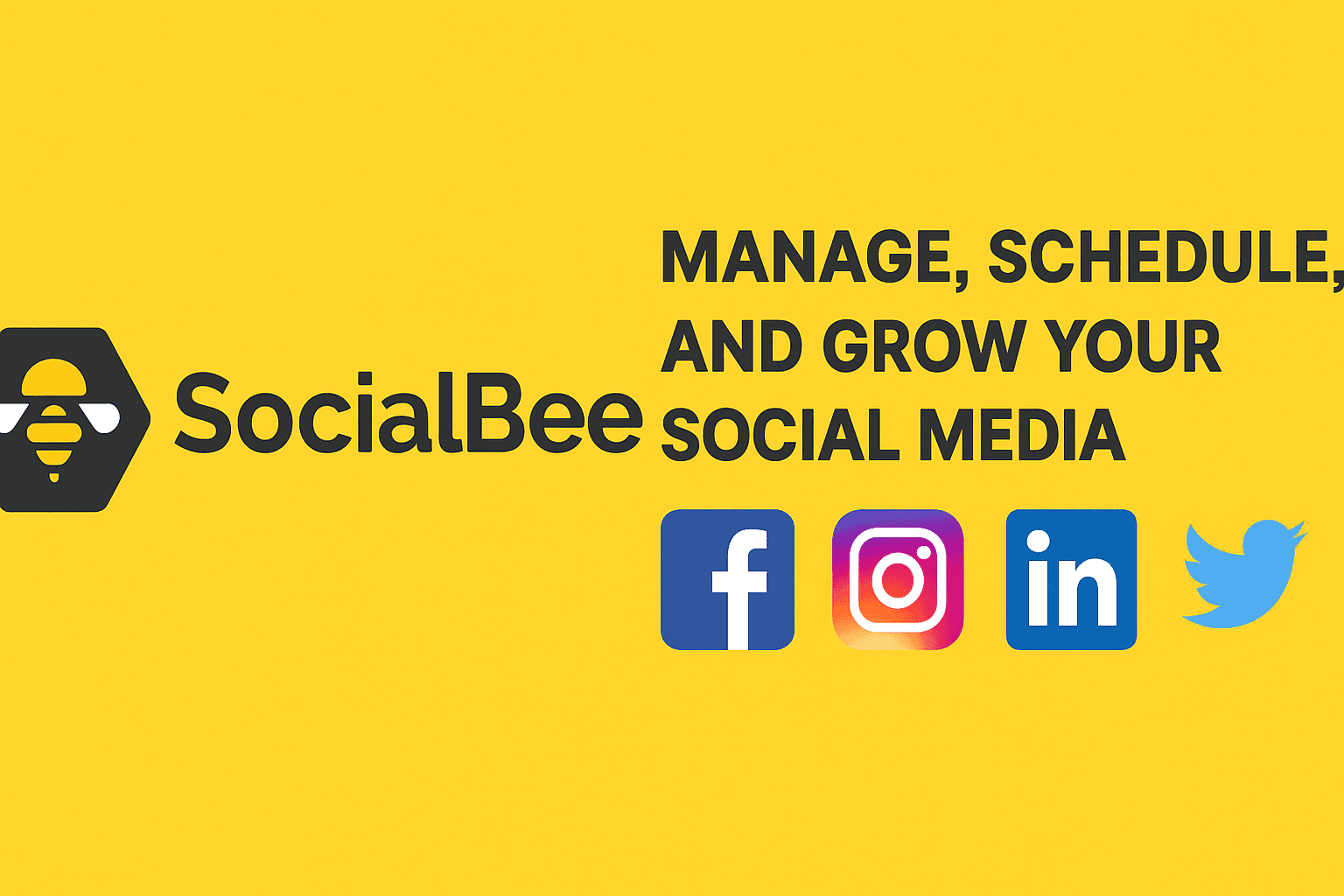 Landscape banner featuring the SocialBee logo with social media icons for Facebook, Instagram, LinkedIn, and Twitter, promoting social media management tools.
