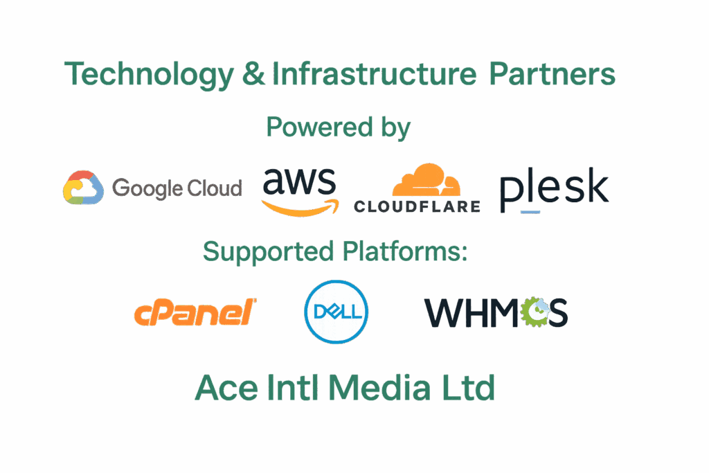 Ace Intl Media Ltd Technology and Infrastructure Partners – Google Cloud, AWS, Cloudflare, Plesk, and WHMCS powering secure digital solutions.