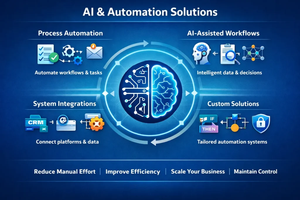Diagram illustrating AI and automation solutions, including process automation, AI-assisted workflows, system integrations, and bespoke automation systems working together.