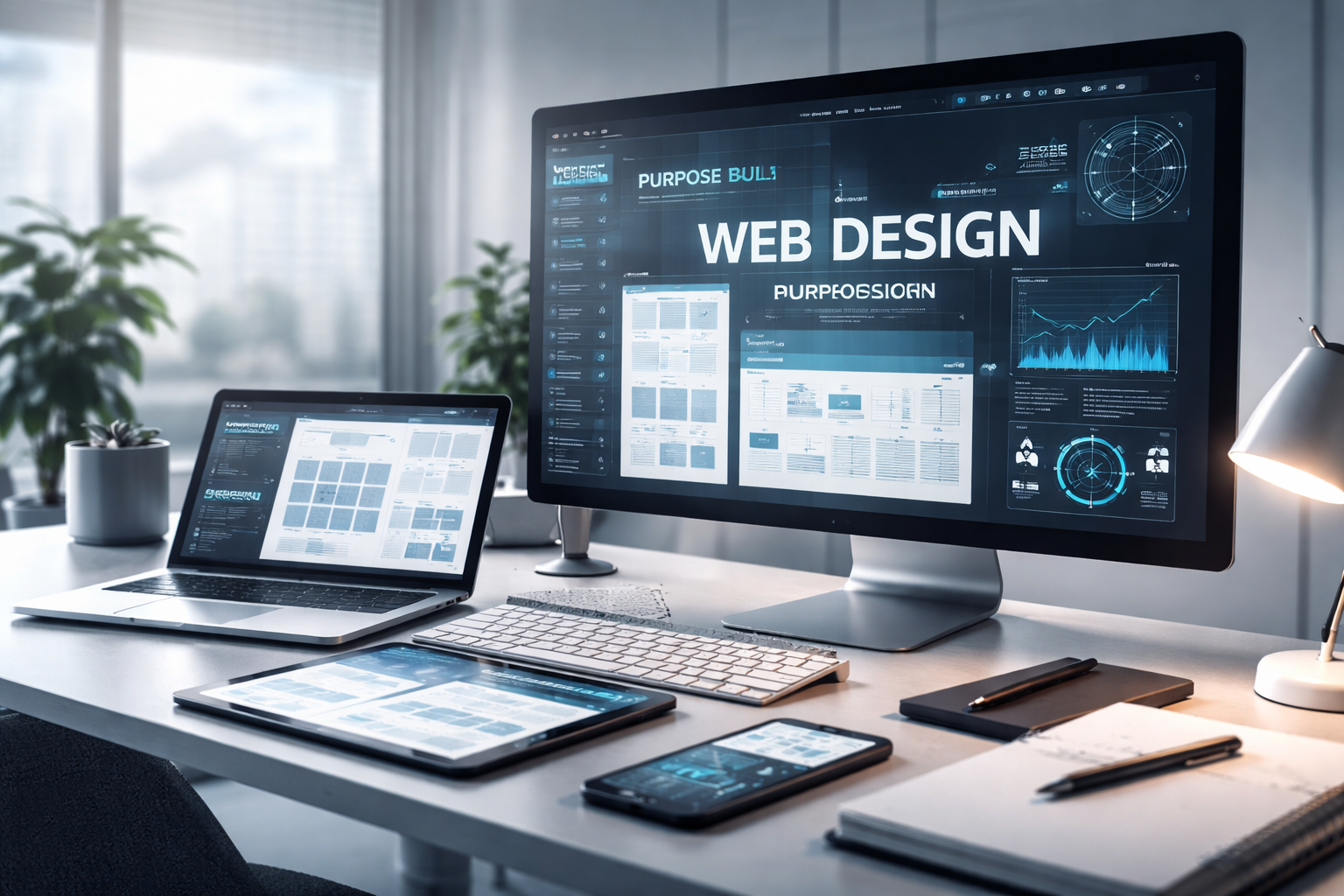 Modern web design workspace showcasing purpose-built layouts, performance dashboards, and scalable digital design tools