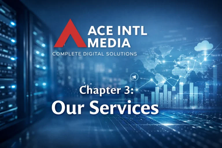 Digital services for businesses including web hosting, website design, cloud hosting, e-commerce solutions, and SEO by Ace Intl Media